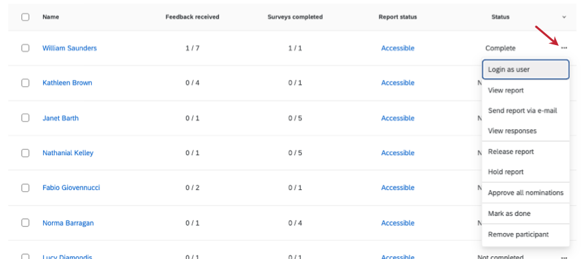 optiuons that appear when you open the menu next to a feedback recipient