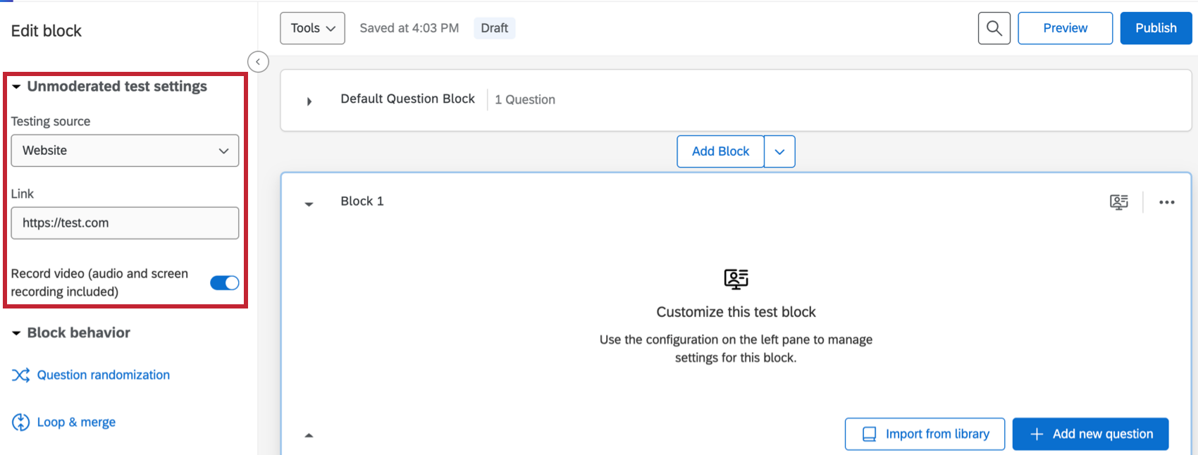 test settings highlighted within the survey editor