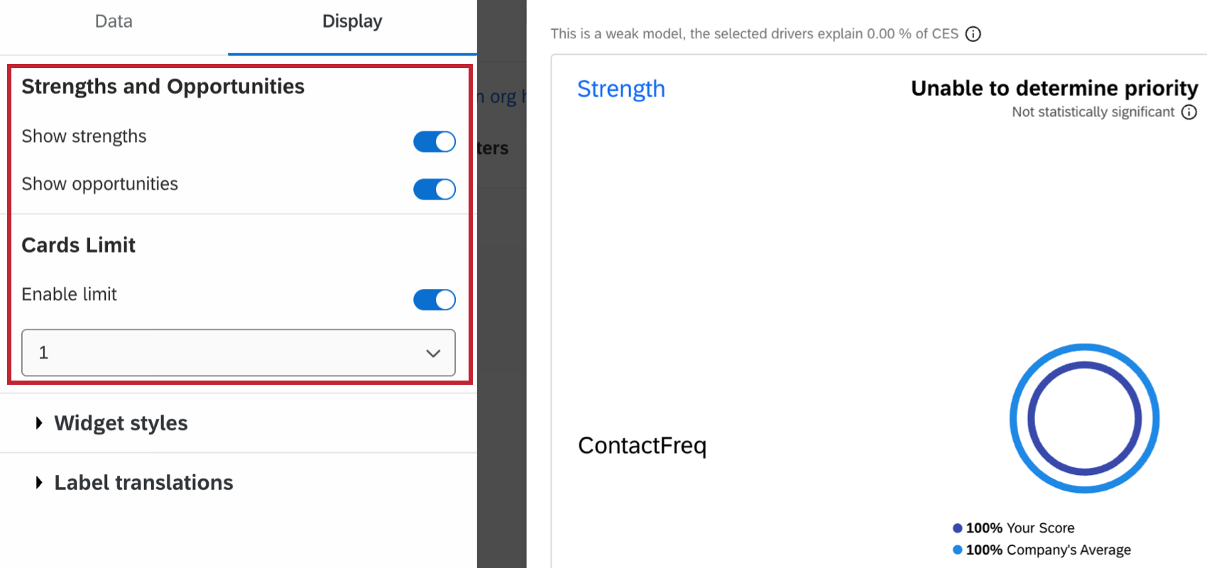 display options for the focus areas widget highlighted