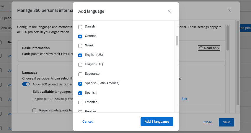 new modal opens with language selection