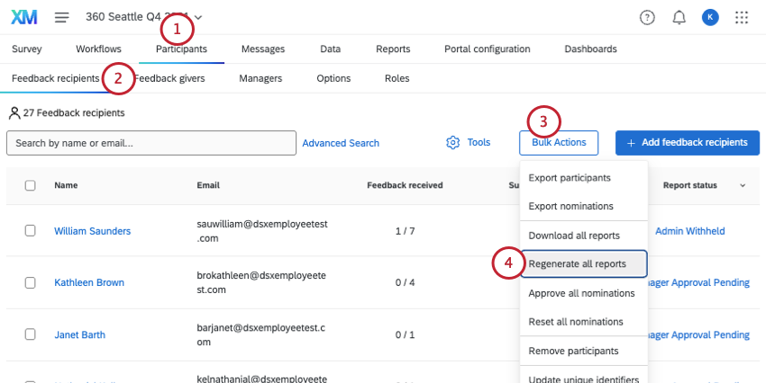 regenerate option in the participants tab bulk actions