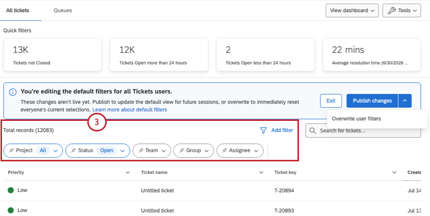 filters highlighted above the list of tickets