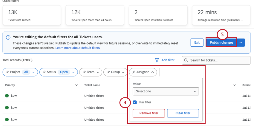 image highlights the pin filter option inside an assignee filter and the publish button that appears above filters