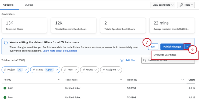 overwrite user filters button as it appears from the arrow next to the publish button; to the left of all of this, in white, is the exit button