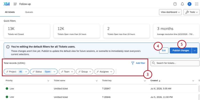 blue banner on page saying you're editing brand-wide filters for tickets