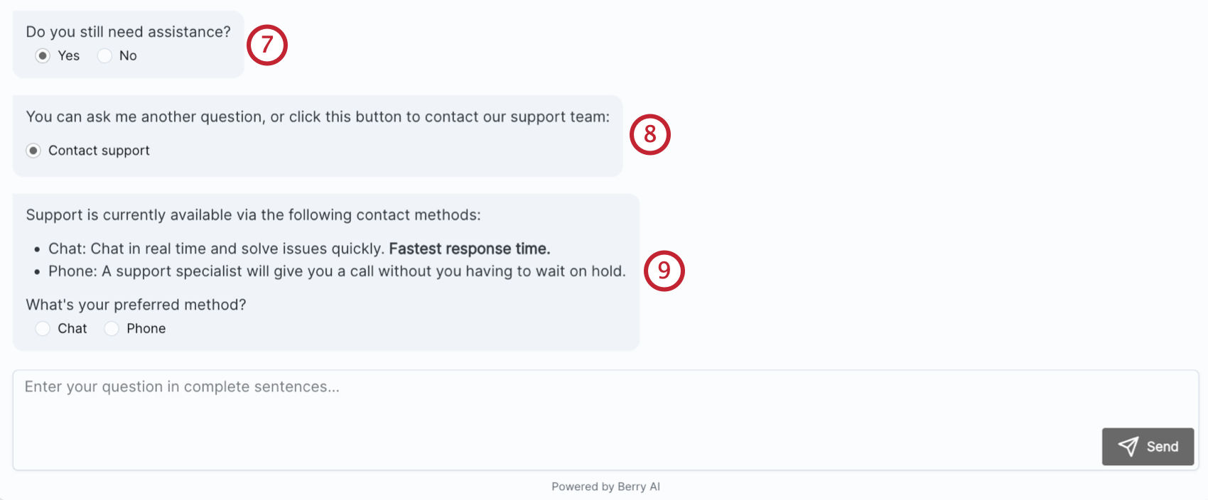 messages from the chatbot leading to contacting support