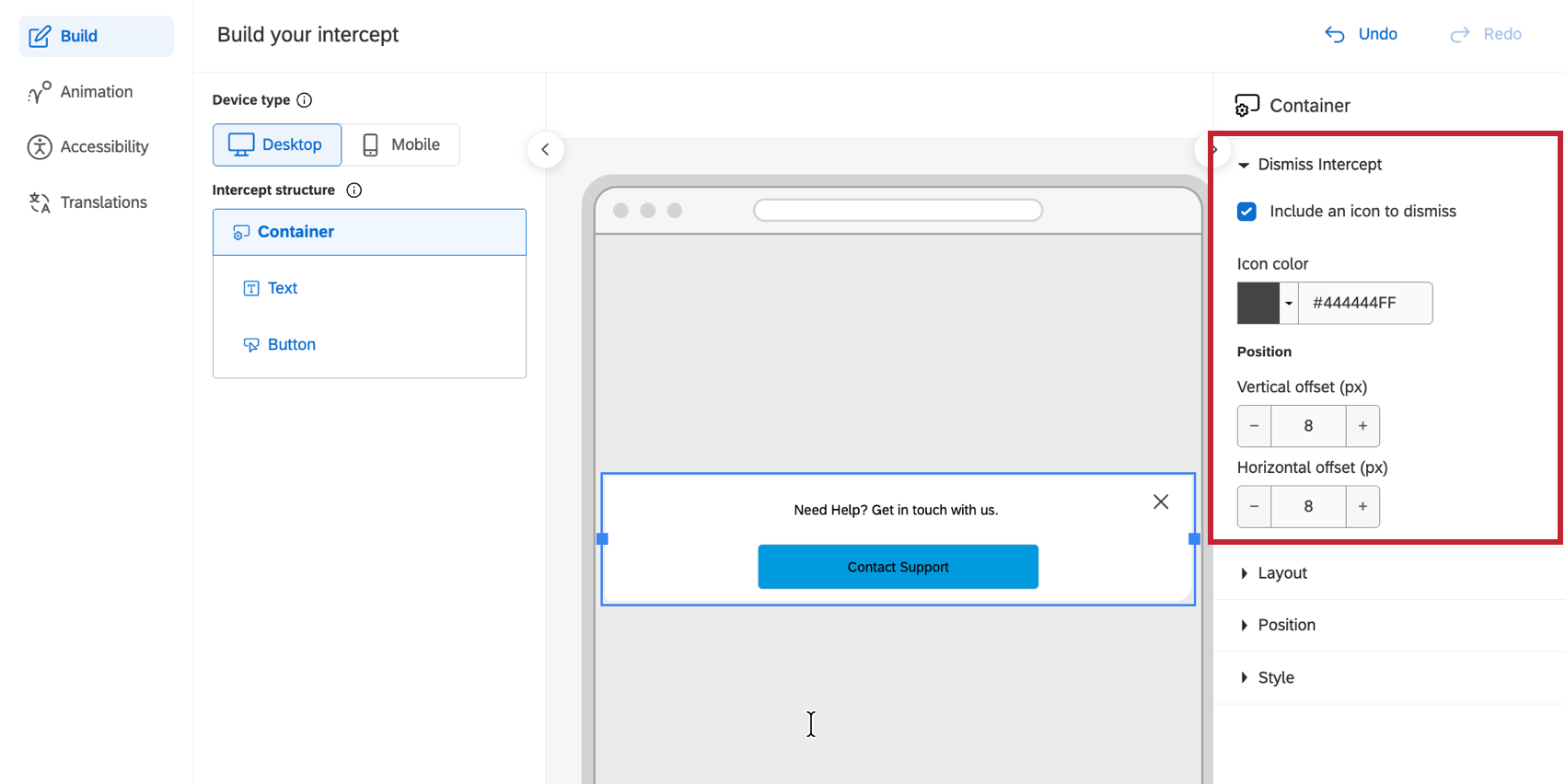 the dismiss intercept settings