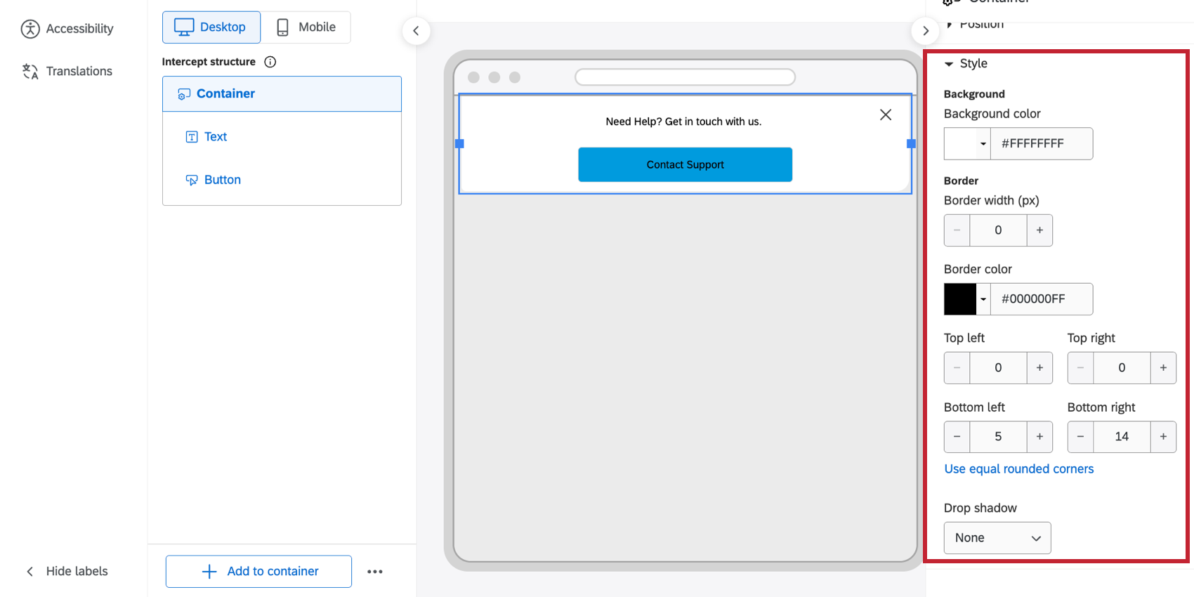 the container style settings