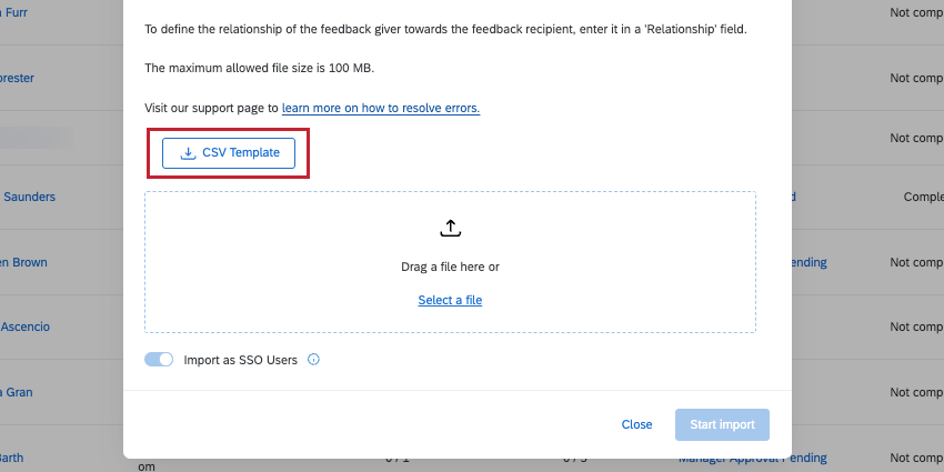 CSV template button inside the feedback giver upload screen