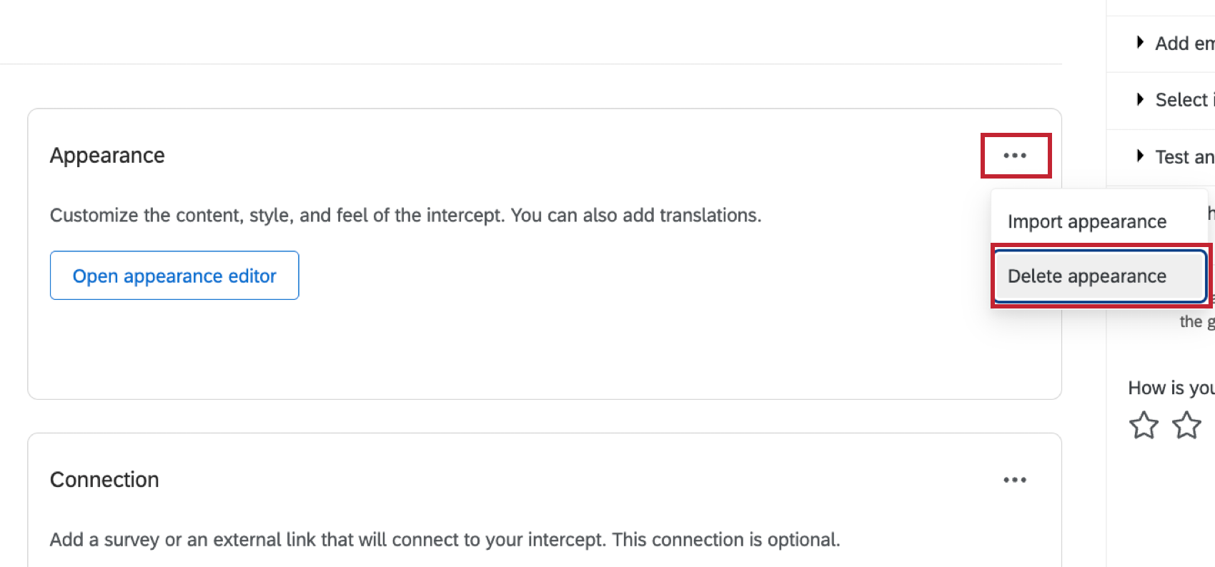 navigating to the "appearance" section of a guided intercept and deleting an exicting appearance