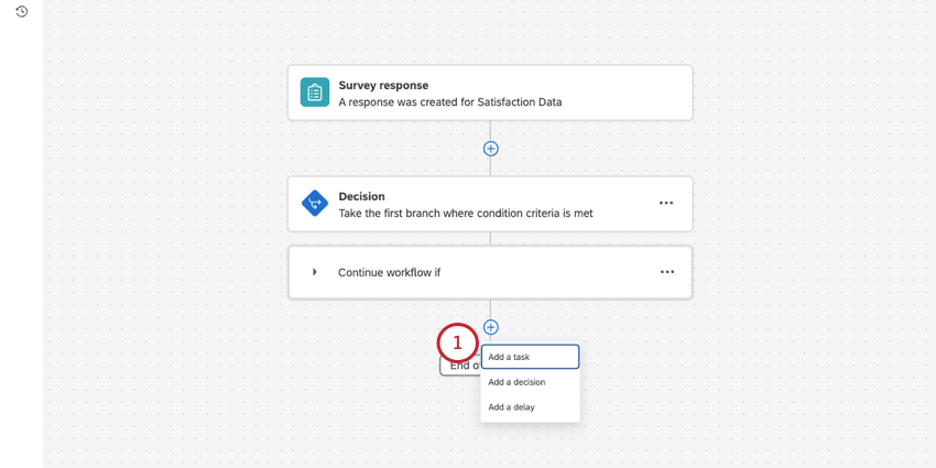 workflow with an event, a decision, and then the menu opened to add a new task