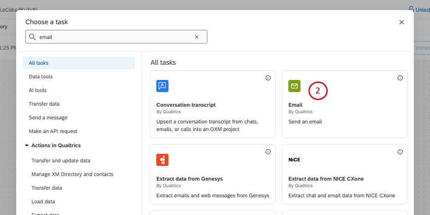 email option in the task selection modal