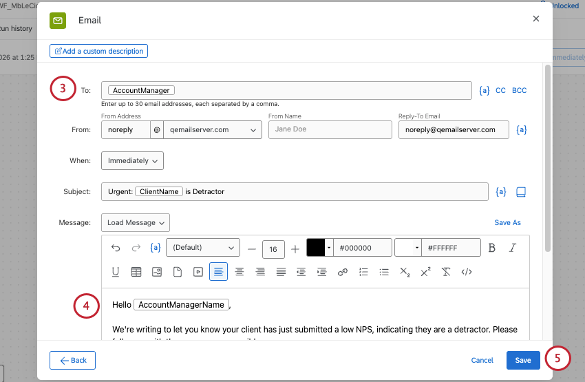 email task set up with piped text in several places