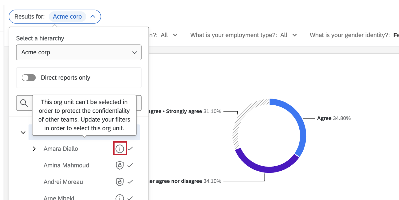the warning when trying to filter by org hierarchy when page filters are applied