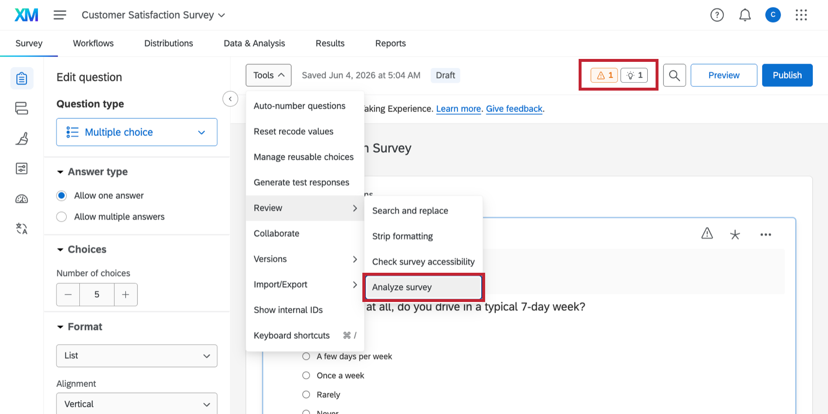 viewing expertreview errors in the survey builder