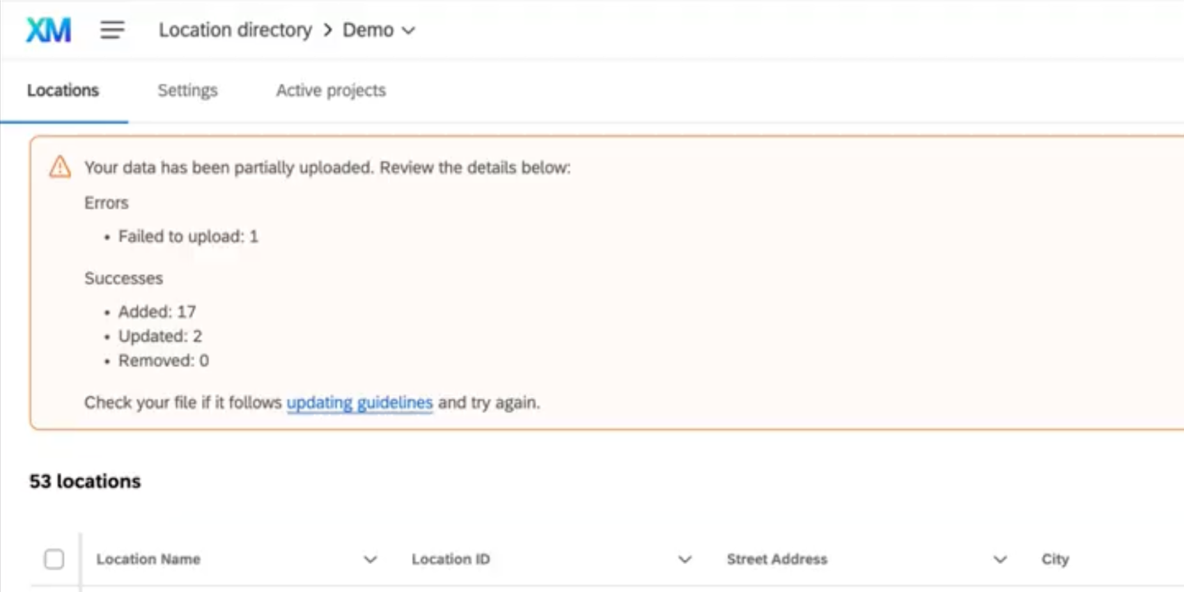 the error message when some locations are uploaded