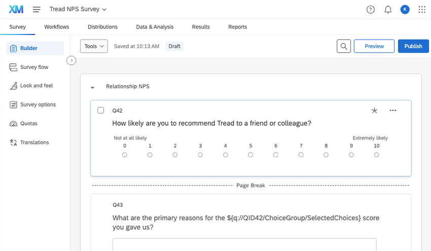 image of a relationship survey in the survey builder