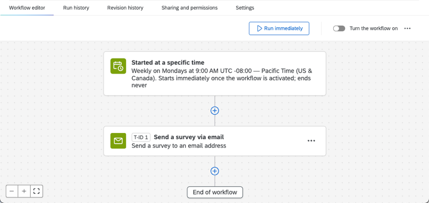 image of a workflow that sends a survey over email