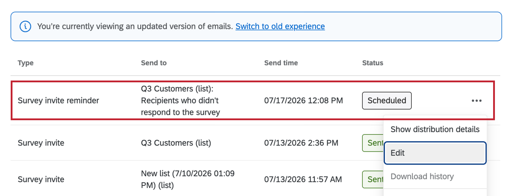 a scheduled reminder highlighted within the emails tab