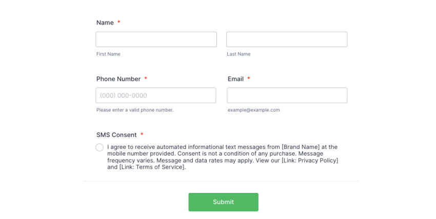image of a form asking for name, phone, and email. below is an SMS consent check box that notes who the text messages would come from, links to privacy policy and terms of service, and so on