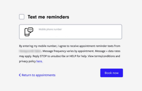 Screenshot of a web form called text me reminders, where there's a spot for a phone number. below is a detailed description of SMS disclosures