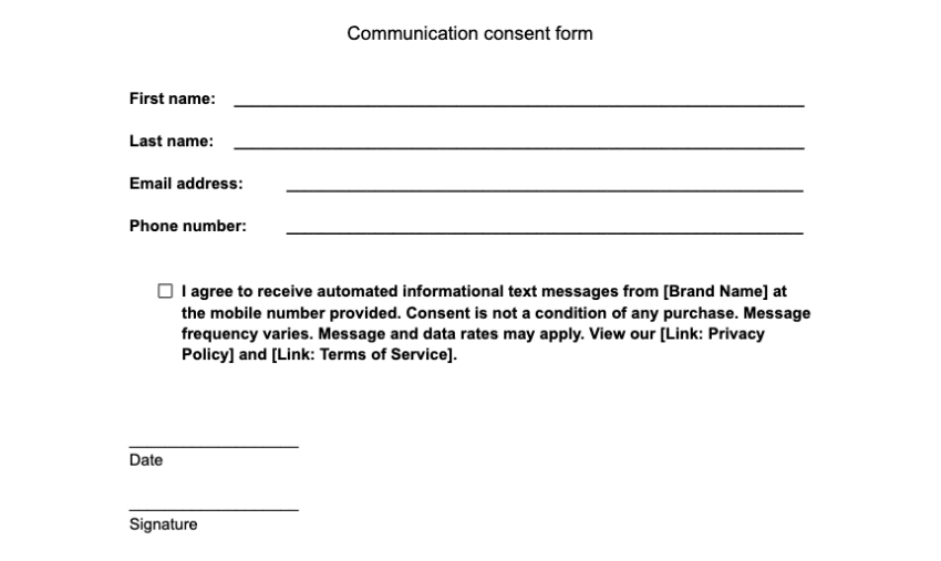 a PDF form that asks for key contact information. the SMS consent part is a checkbox with a detailed description of who sends the messages, privacy policy, terms of service, and so on