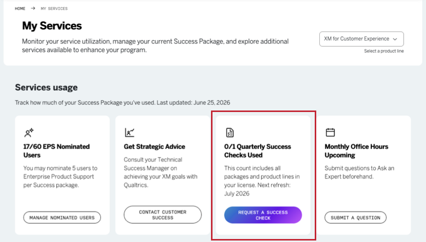 success check tile on the my services page