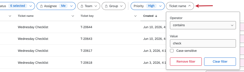 image of what the ticket name filter looks like