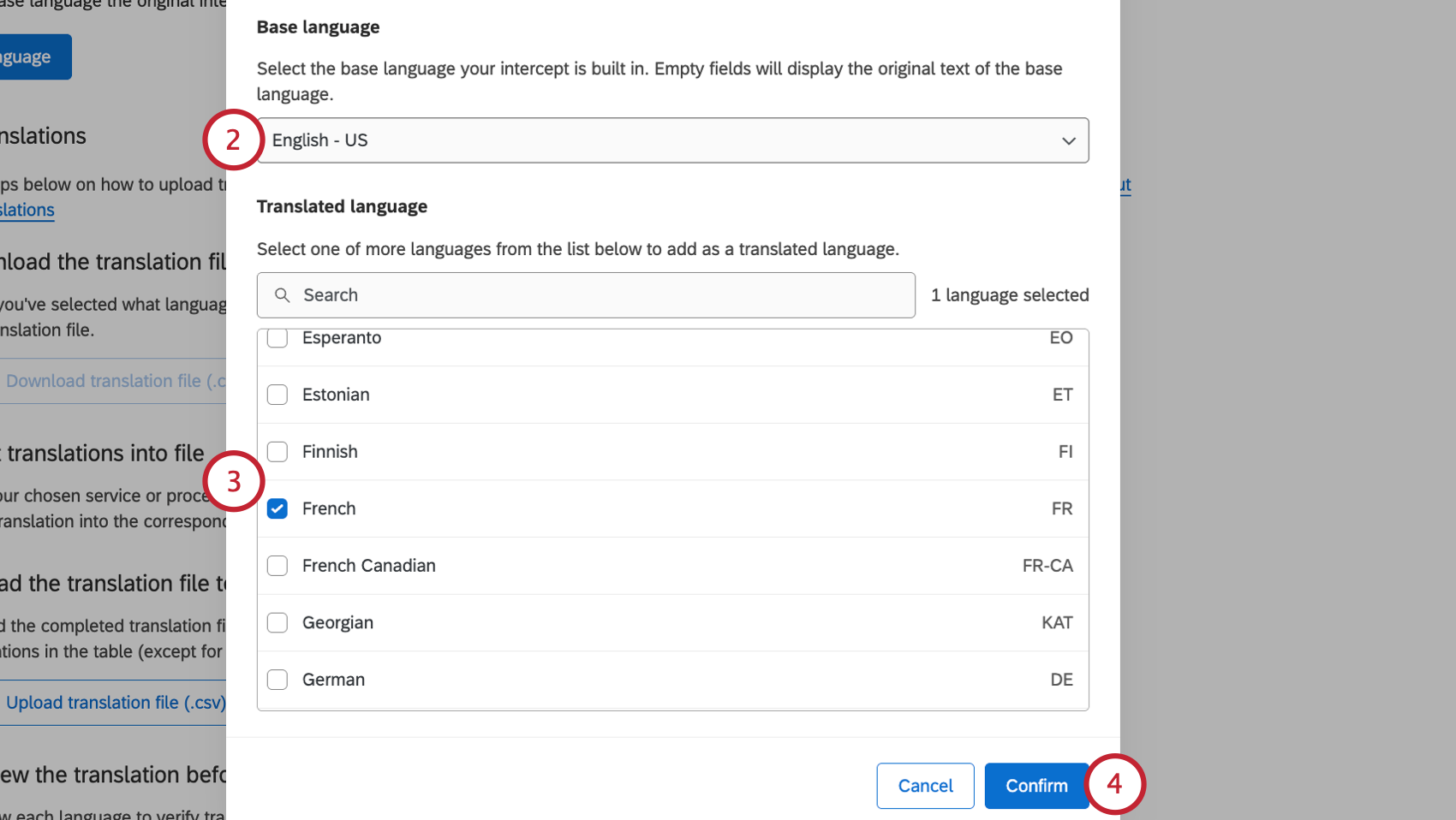 selecting the base language and choosing additional languages
