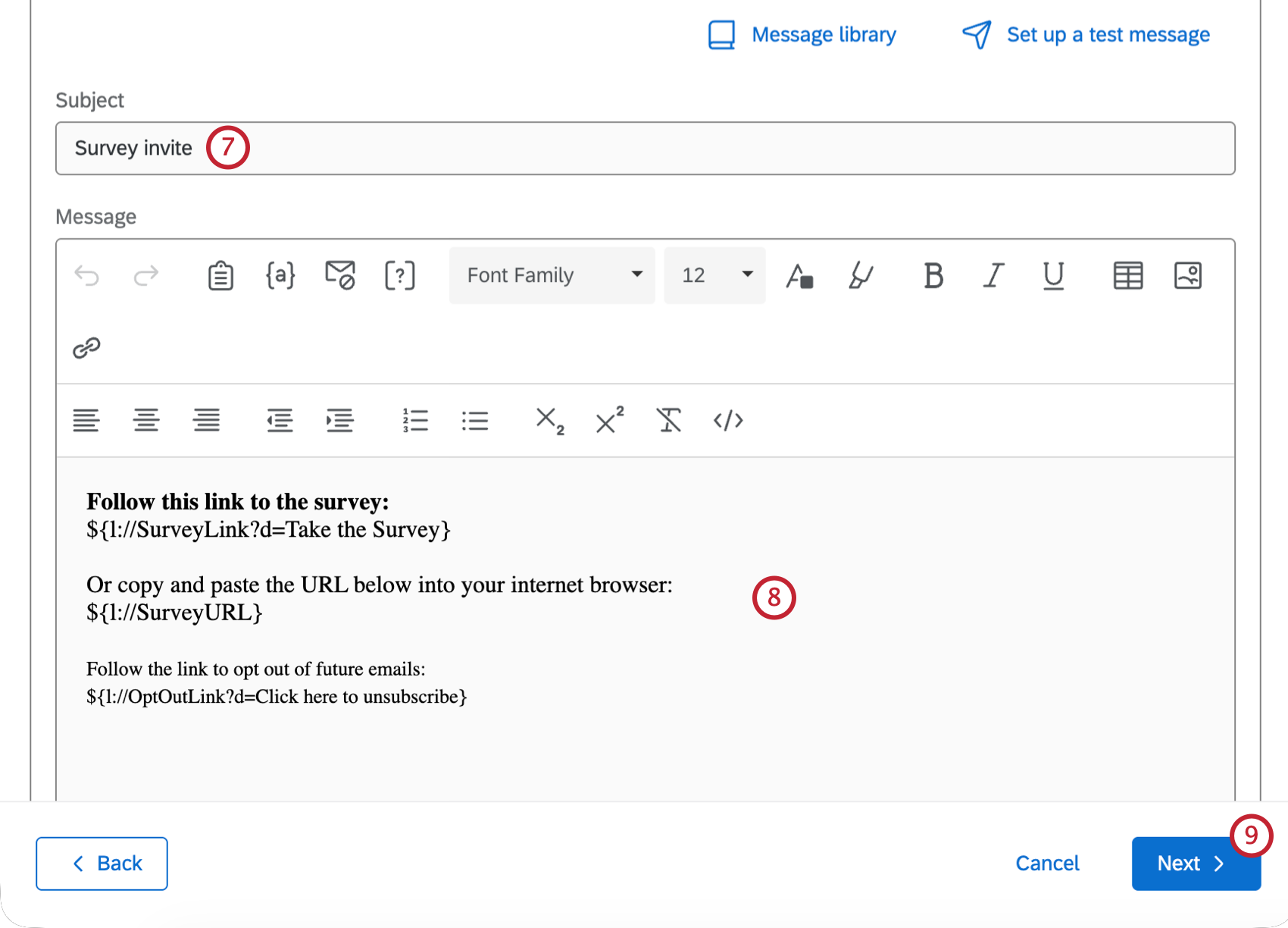 sections to customize an email subject and message