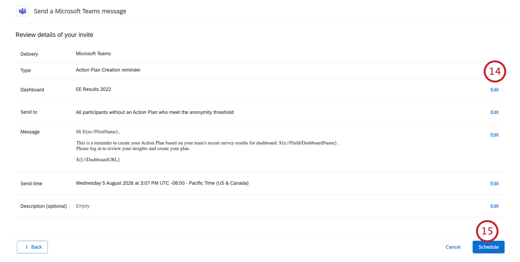 screen to review the details of the configured email