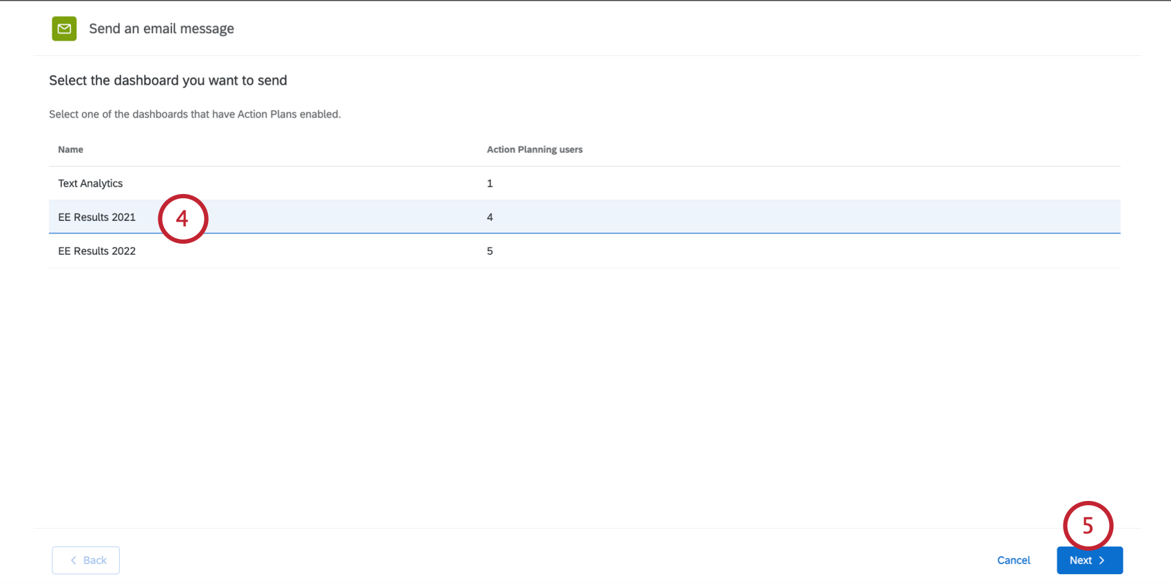 screen to select the dashboard to send a reminder for