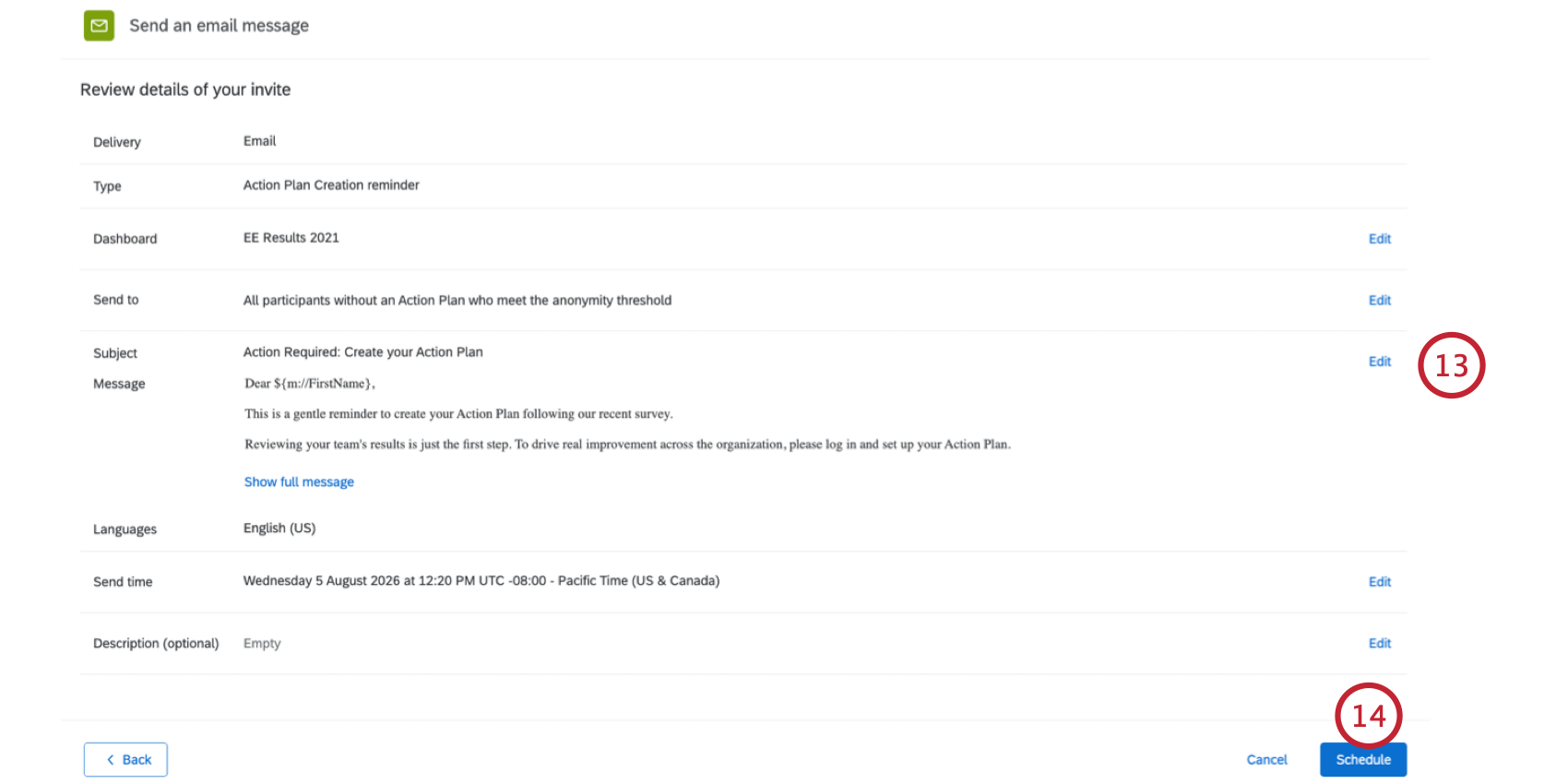 screen displaying the full details of the configured email