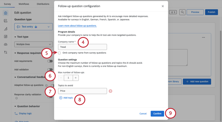 new window where you configure adaptive follow up question settings