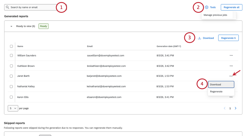 assorted buttons and tools highlighted across the report generation page