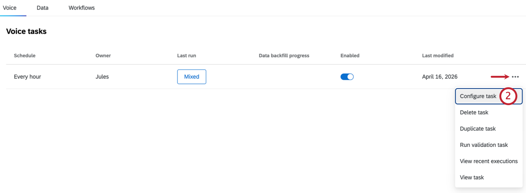 "configure task" option within the additional options menu for a voice task