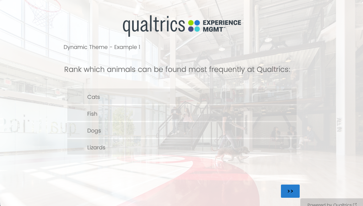 a survey with an image of Qualtrics HQ faded in the background and our old 4 dot logo at the top