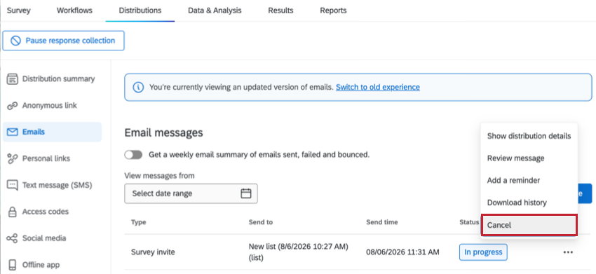 cancel button highlighted within the list of options for an in progress distribution