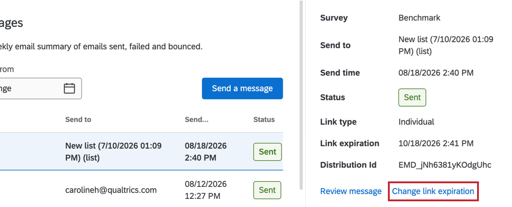 button to change the expiration of a survey distribution link highlighted