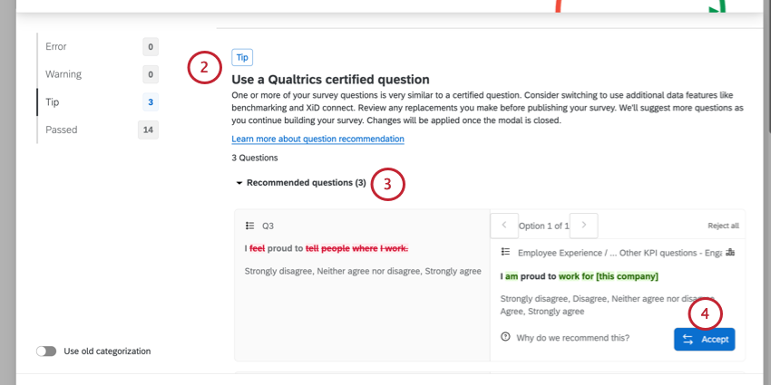 recommendations for question updates in the expert review window