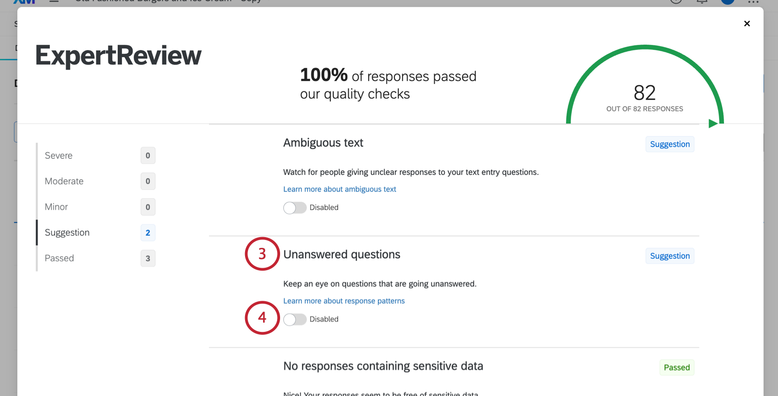 unanswered questions setting in the expert review modal