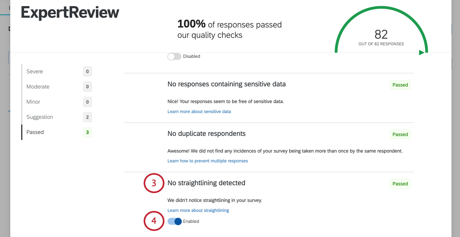 straight lining settings in the expert review modal