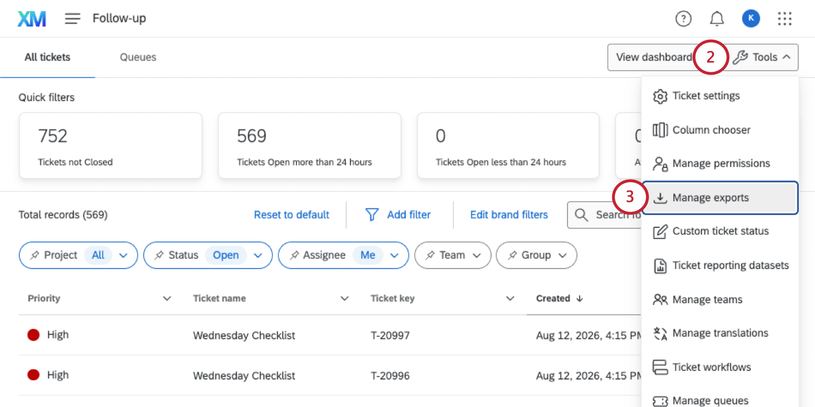 manage exports option under the tools menu on the tickets page