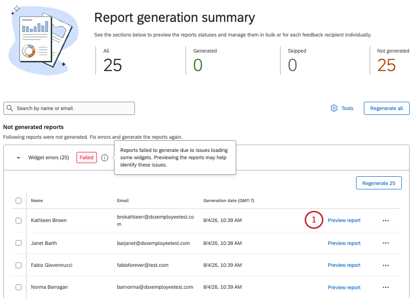 in the failed reports section, clicking the blue preview report text