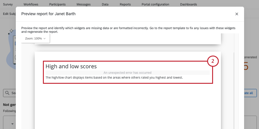 a report is opened in a preview window. the high and low scores widget has an error message