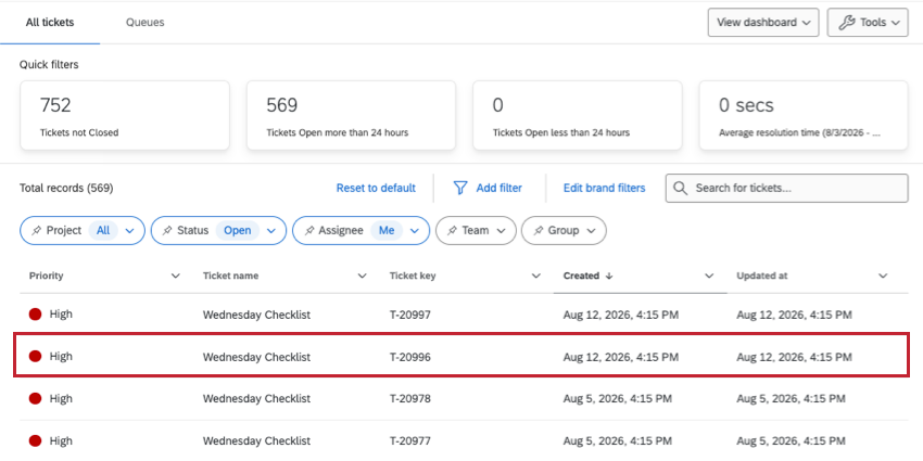image of tickets follow-up page with a ticket highlighted