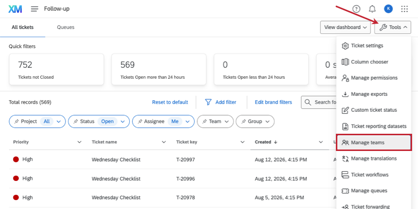 manage teams under ticket tools