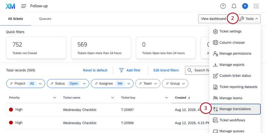 manage translations option under ticket tools menu