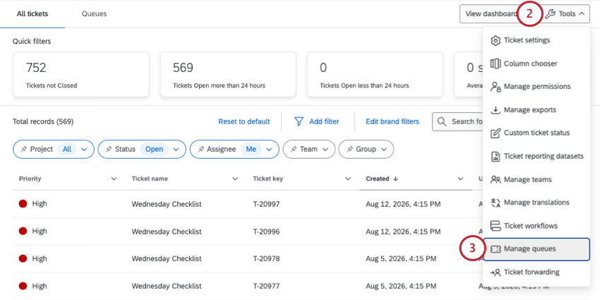 manage queues in the ticket tools menu