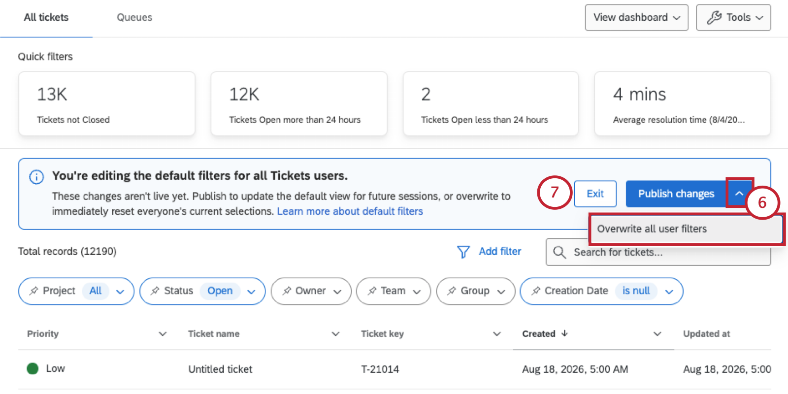 options for editing brand ticket filters